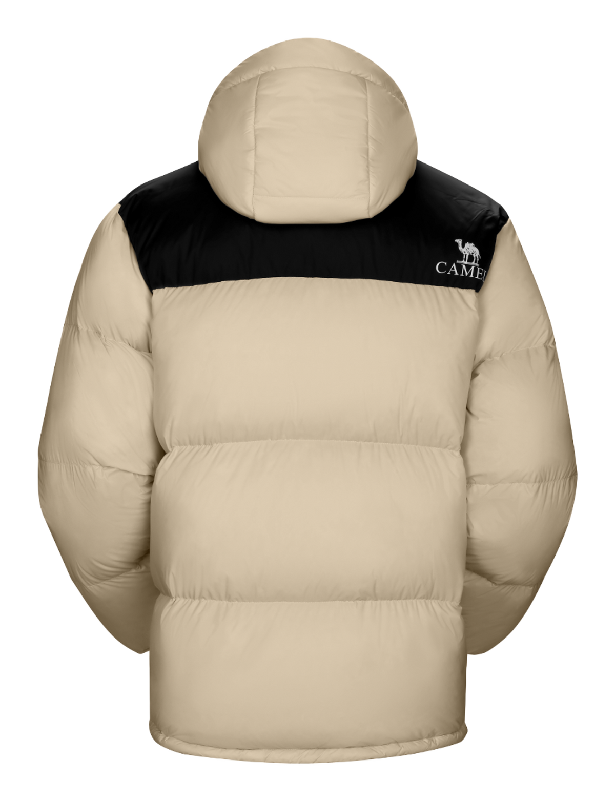 Unisex beige puffer down jacket with black yoke and hood