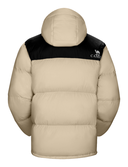 Unisex beige puffer down jacket with black yoke and hood