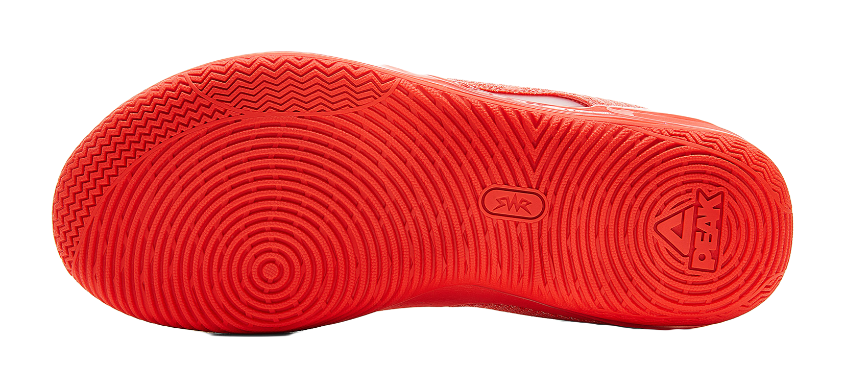 Orange-red rubber outsole with textured tread and traction pattern, bottom view.