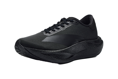 Men's low-top running shoe: black upper with dark gray side stripe and lace-up