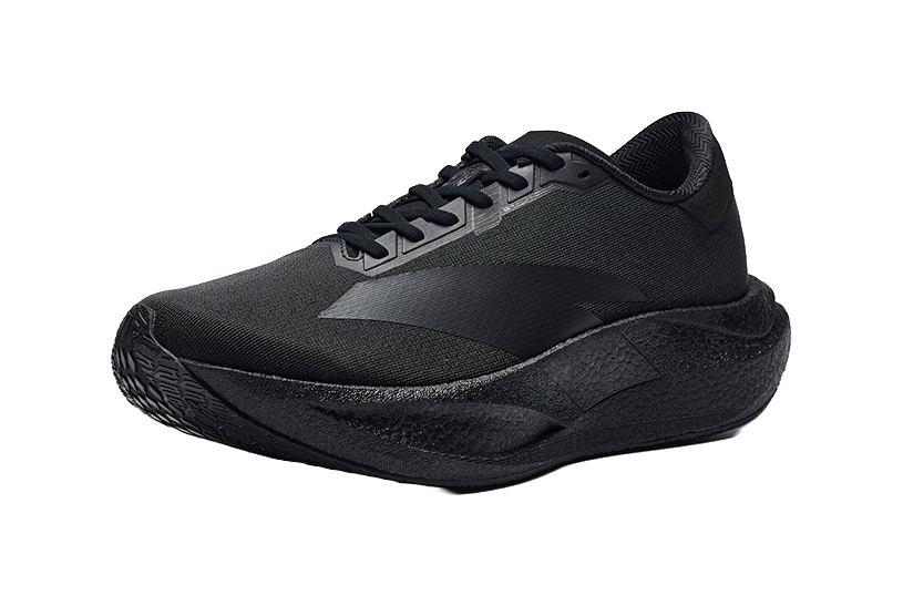 Men's low-top running shoe: black upper with dark gray side stripe and lace-up