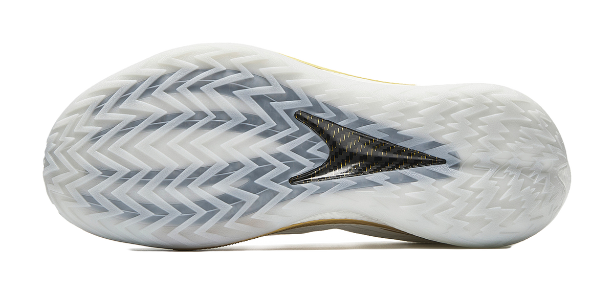 Men's white basketball shoes outsole with zigzag tread and gold logo accent