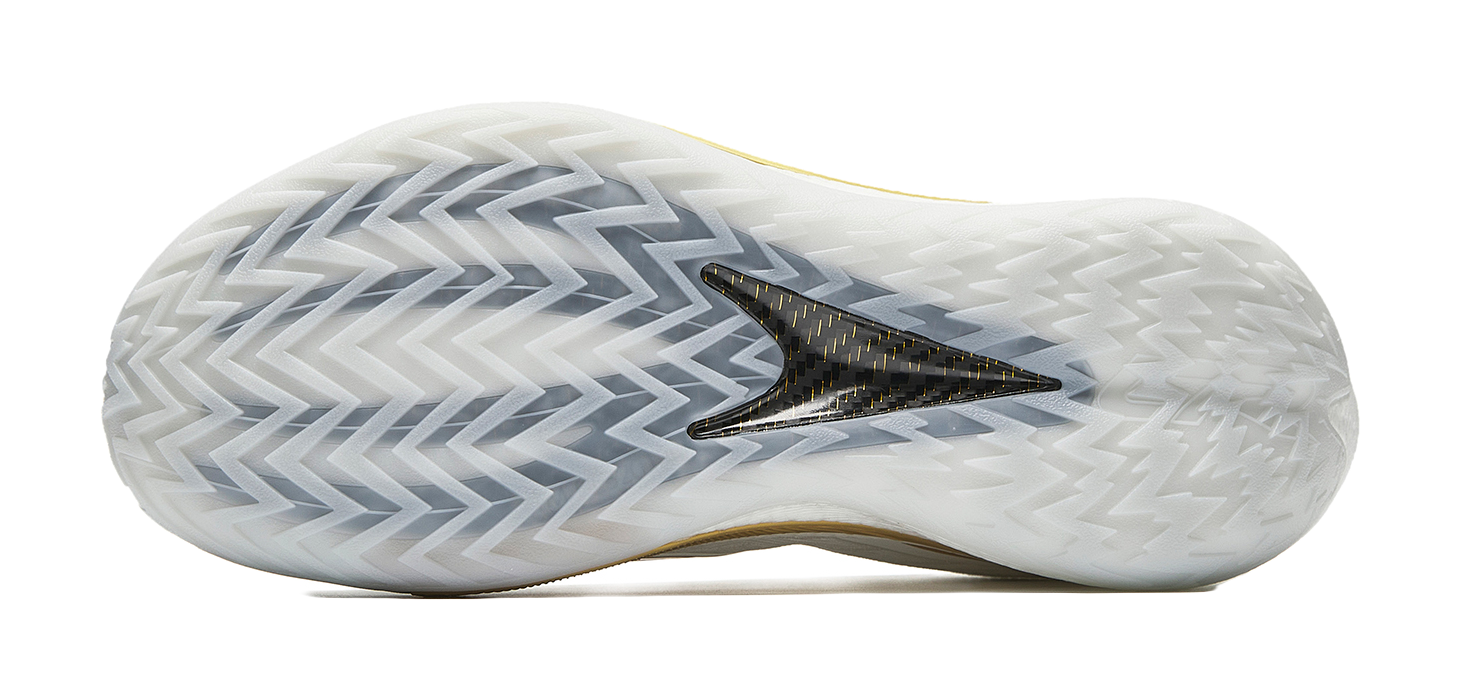 Men's white basketball shoes outsole with zigzag tread and gold logo accent