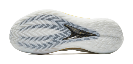 Men's white basketball shoes outsole with zigzag tread and gold logo accent