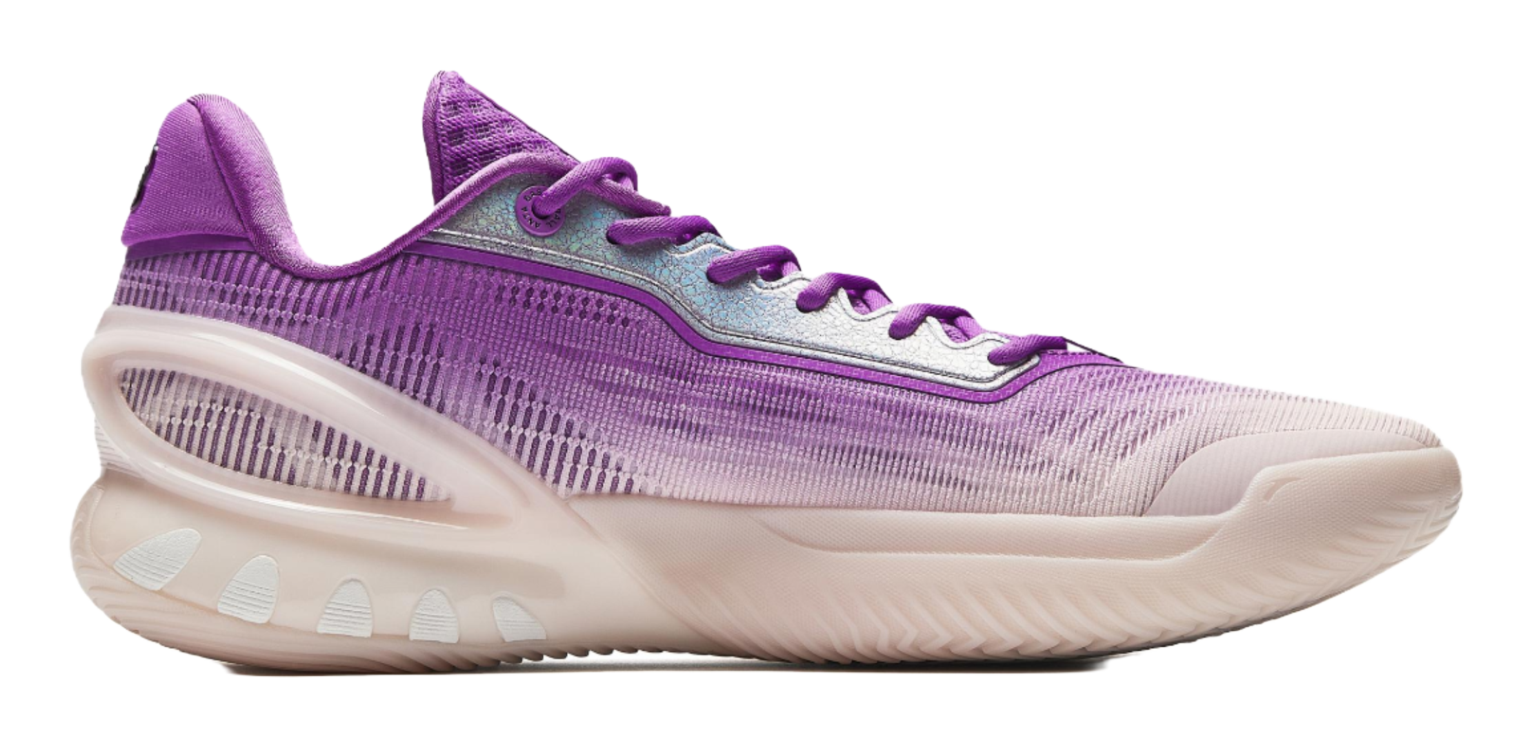 Purple and white basketball shoe side profile with textured knit upper and laces