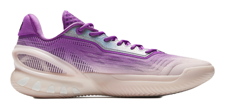 Purple and white basketball shoe side profile with textured knit upper and laces