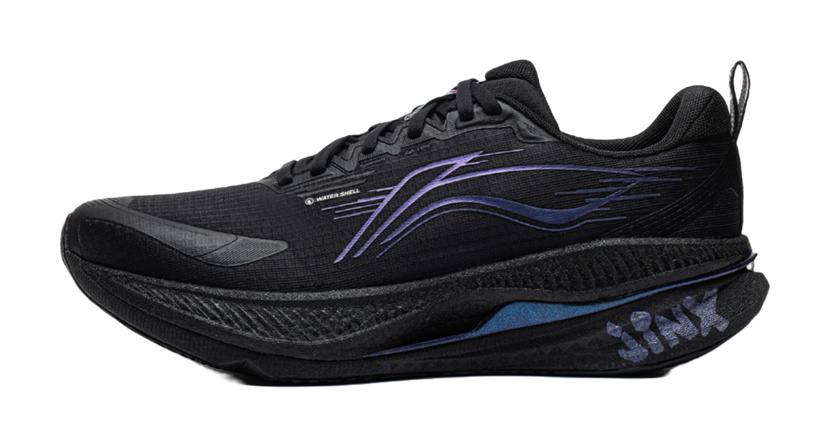 Men's low-top running shoes in black with blue and purple side graphics