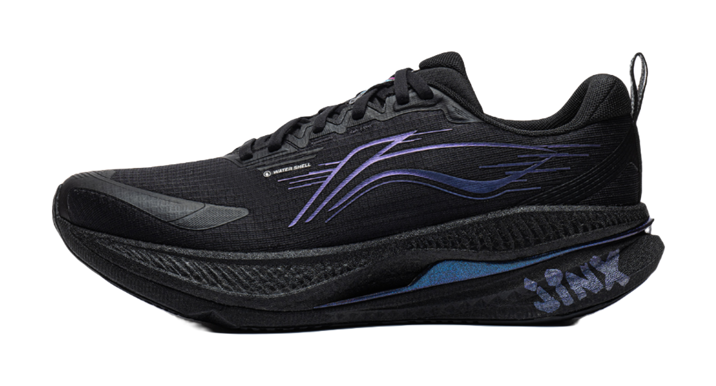 Men's low-top running shoes in black with blue and purple side graphics