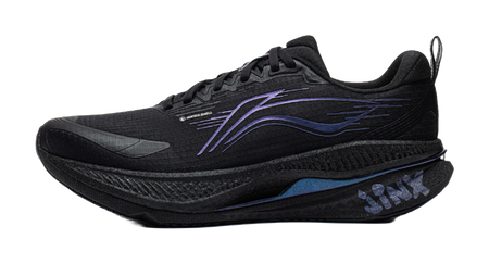 Men's low-top running shoes in black with blue and purple side graphics