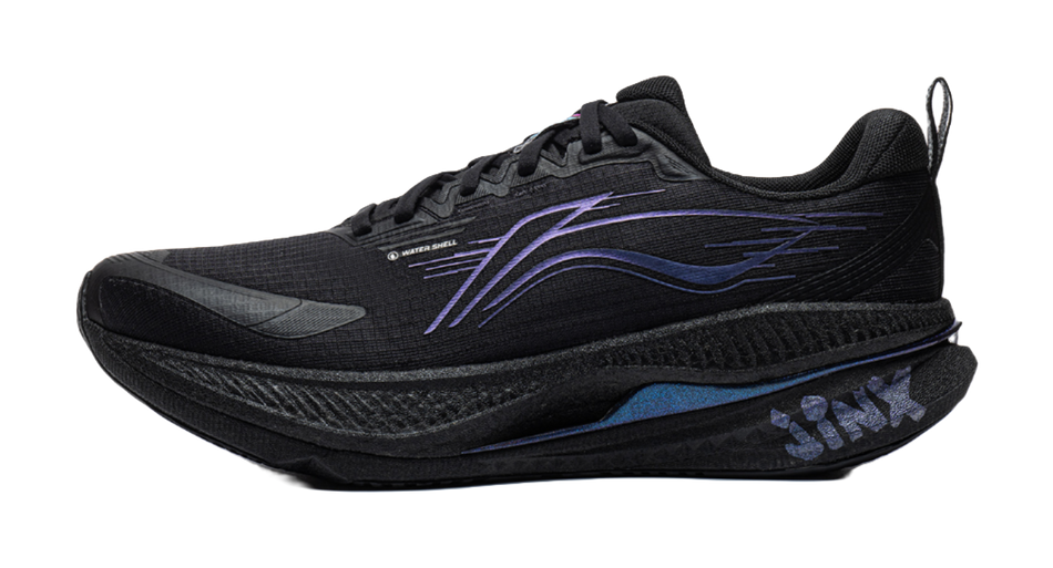 Men's low-top running shoes in black with blue and purple side graphics