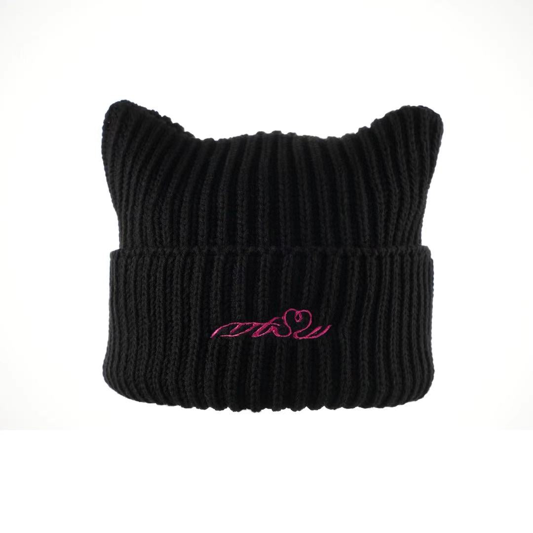METASWEETY Original Cat Ear Heart Knitted Cap (New Style) - aespa Ningning Same Style--Black  VJSNEAKER