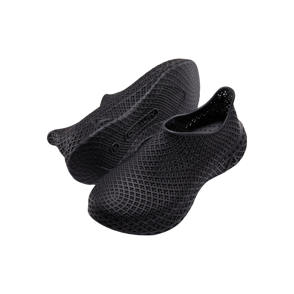 3D printed slip-on sneaker, black textured upper, side angle