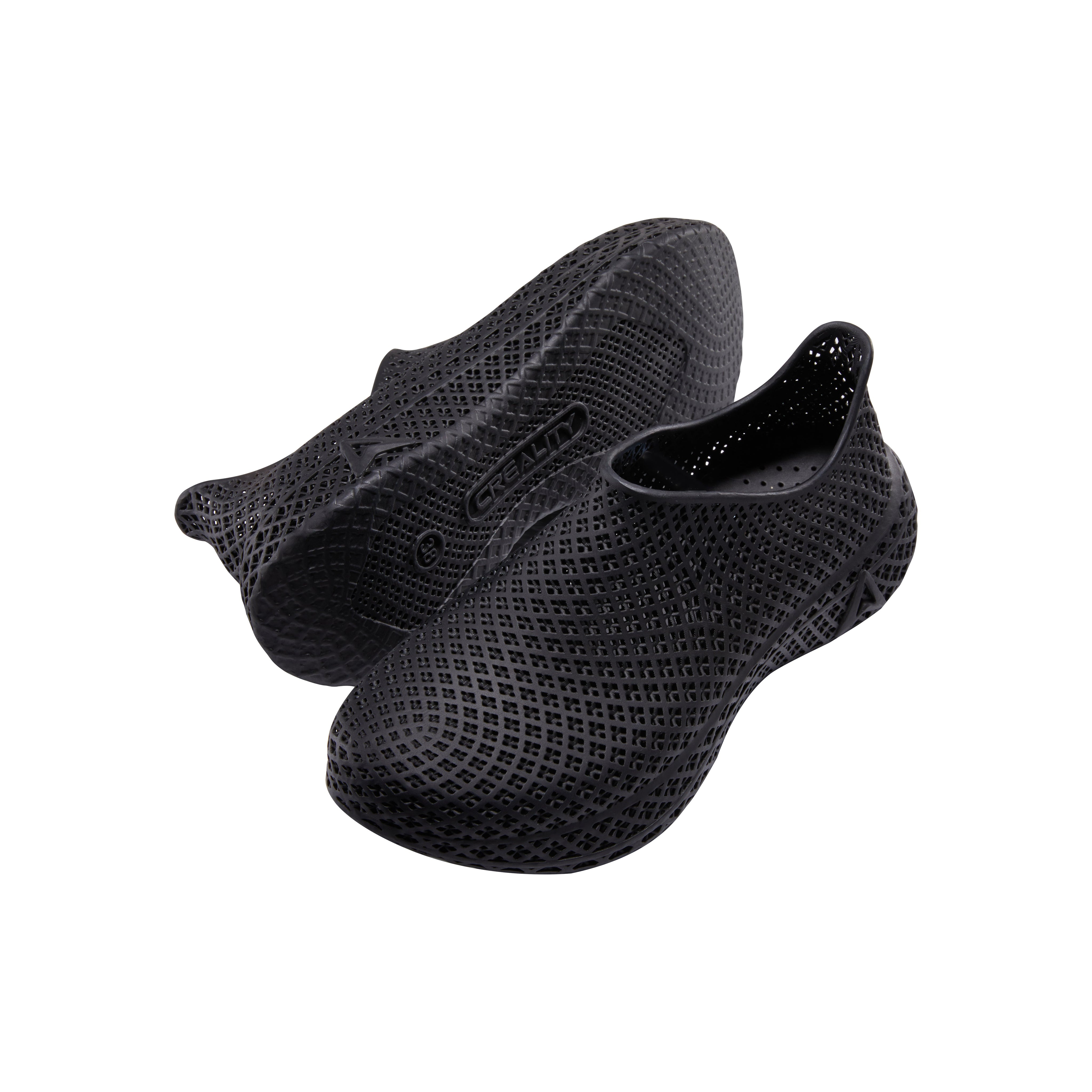 3D printed slip-on sneaker, black textured upper, side angle