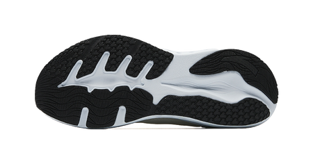 Low-top running shoe outsole, black traction rubber with white flex grooves