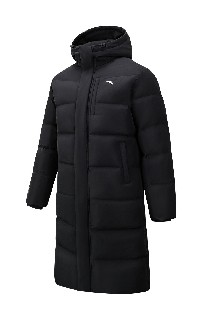 Men's long black down jacket with hood, full-zip front, and quilted puffer design