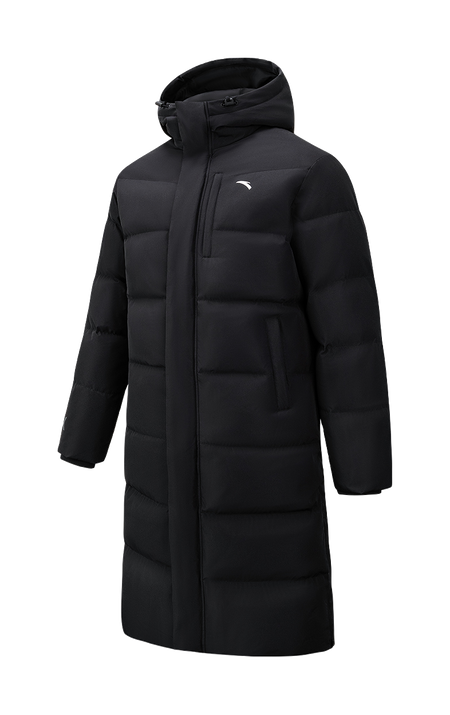 Men's long black down jacket with hood, full-zip front, and quilted puffer design