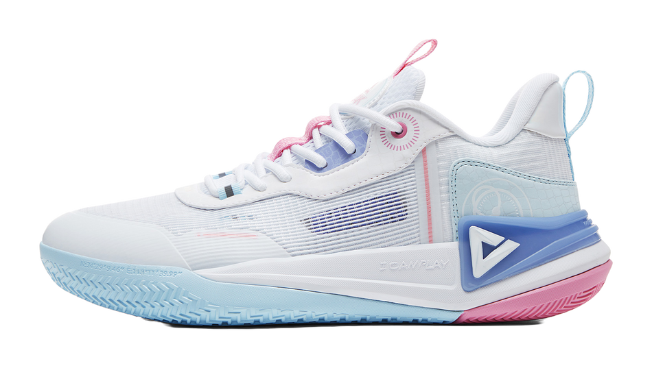 Unisex basketball shoes in white with light blue and pink accents, lace-up profile view.