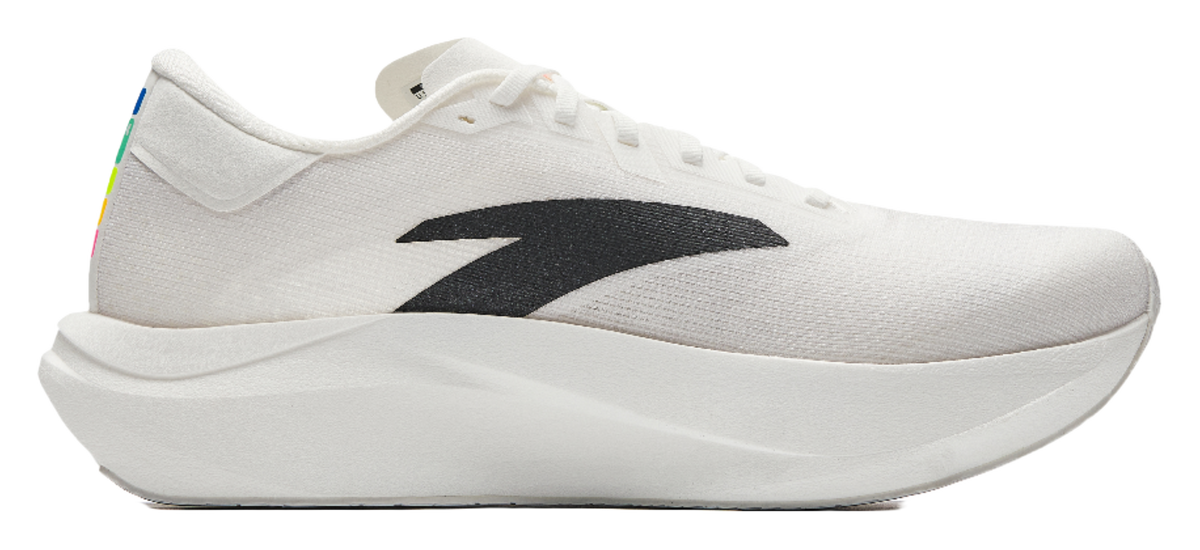 White running shoe side profile with lace-up closure, black logo, and thick midsole