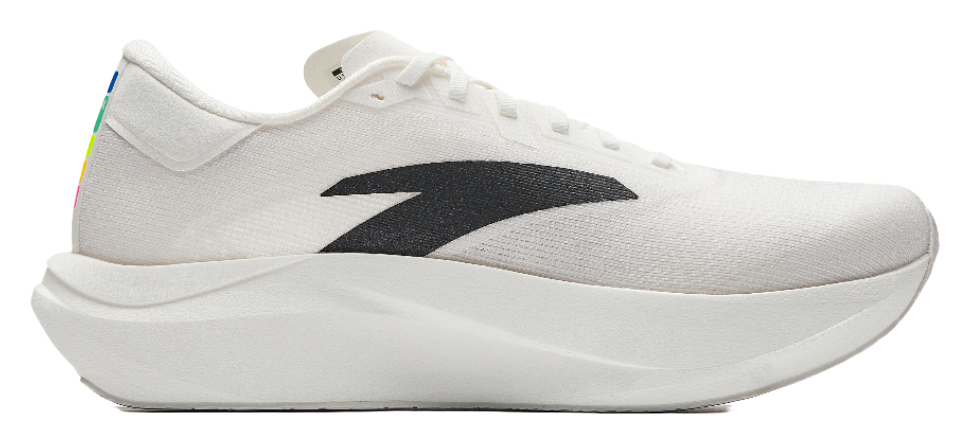 White running shoe side profile with lace-up closure, black logo, and thick midsole