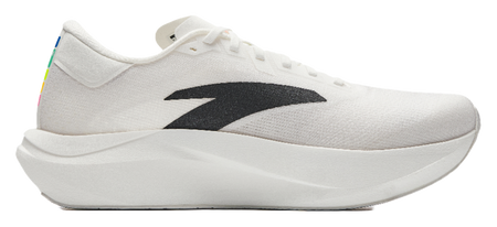White running shoe side profile with lace-up closure, black logo, and thick midsole