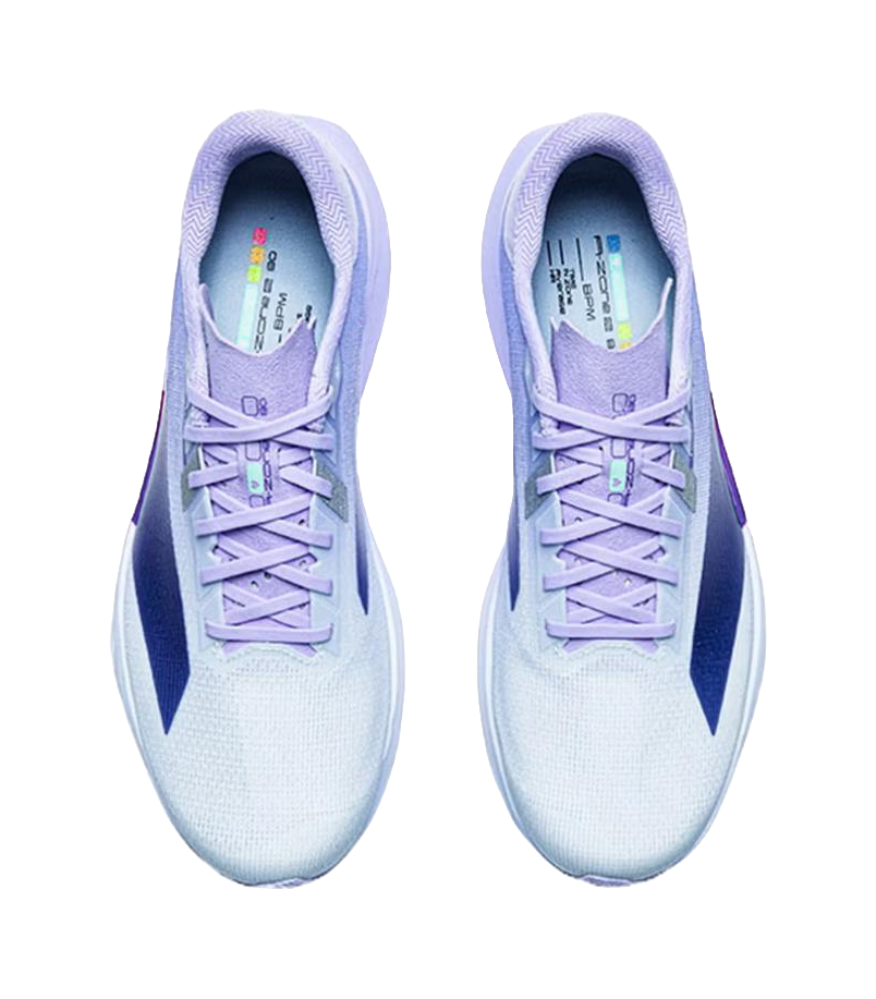 Pair of light twilight blue and lavender low-top shoes, front view, with lace-up