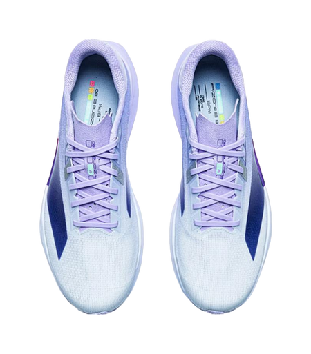 Pair of light twilight blue and lavender low-top shoes, front view, with lace-up