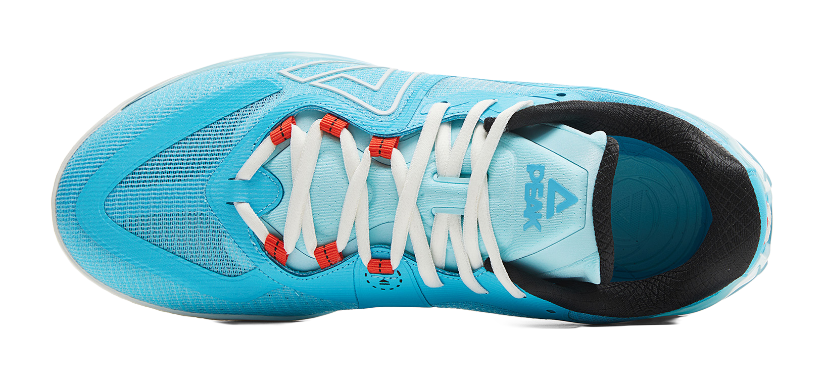 Blue basketball shoe with white laces, black interior collar, and light-blue sole edge