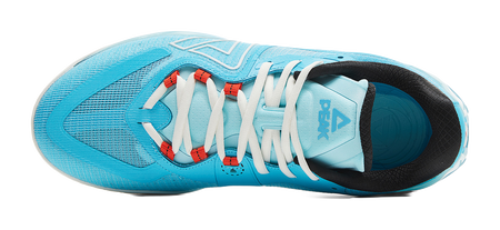 Blue basketball shoe with white laces, black interior collar, and light-blue sole edge