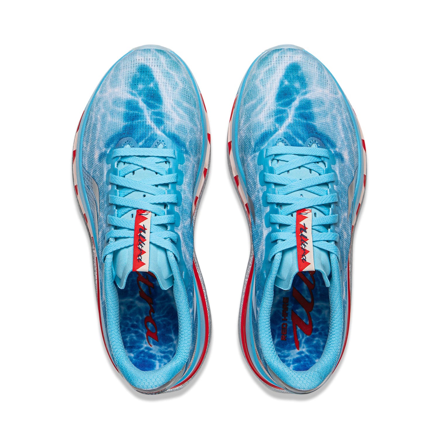 Women's running shoes, top view, bright water blue laces and red side stripes