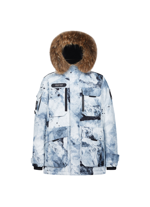 Light blue winter down jacket with abstract print, faux-fur hood, and flap pockets