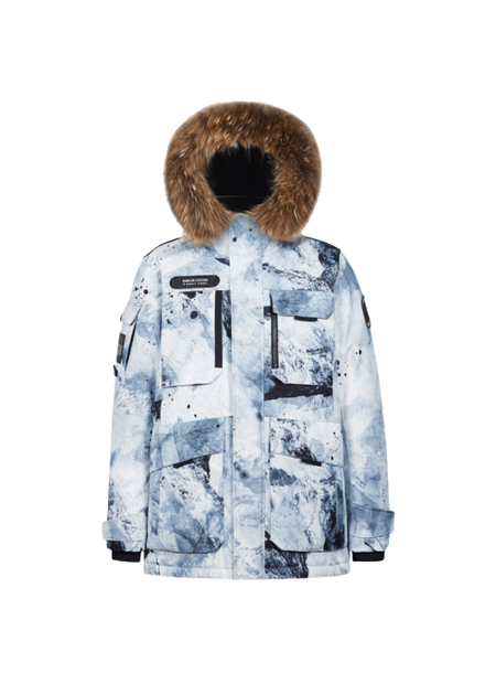 Light blue winter down jacket with abstract print, faux-fur hood, and flap pockets