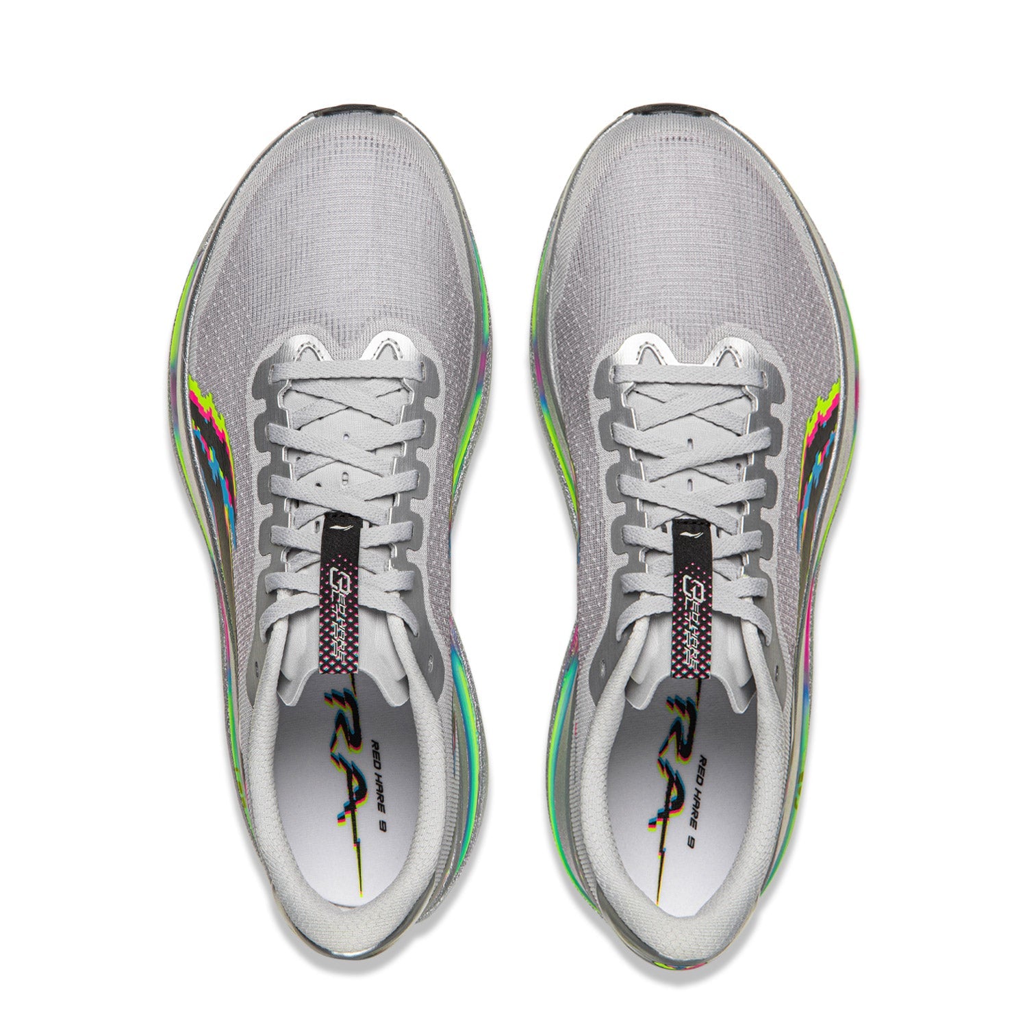 crystal gray running shoes with white laces and colorful stripe detail on tongue