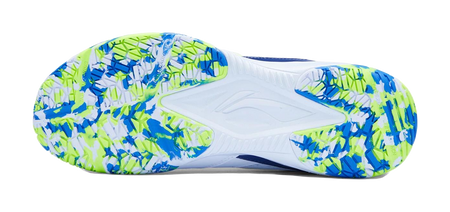 Badminton shoe outsole with white base and blue-neon green pattern grip