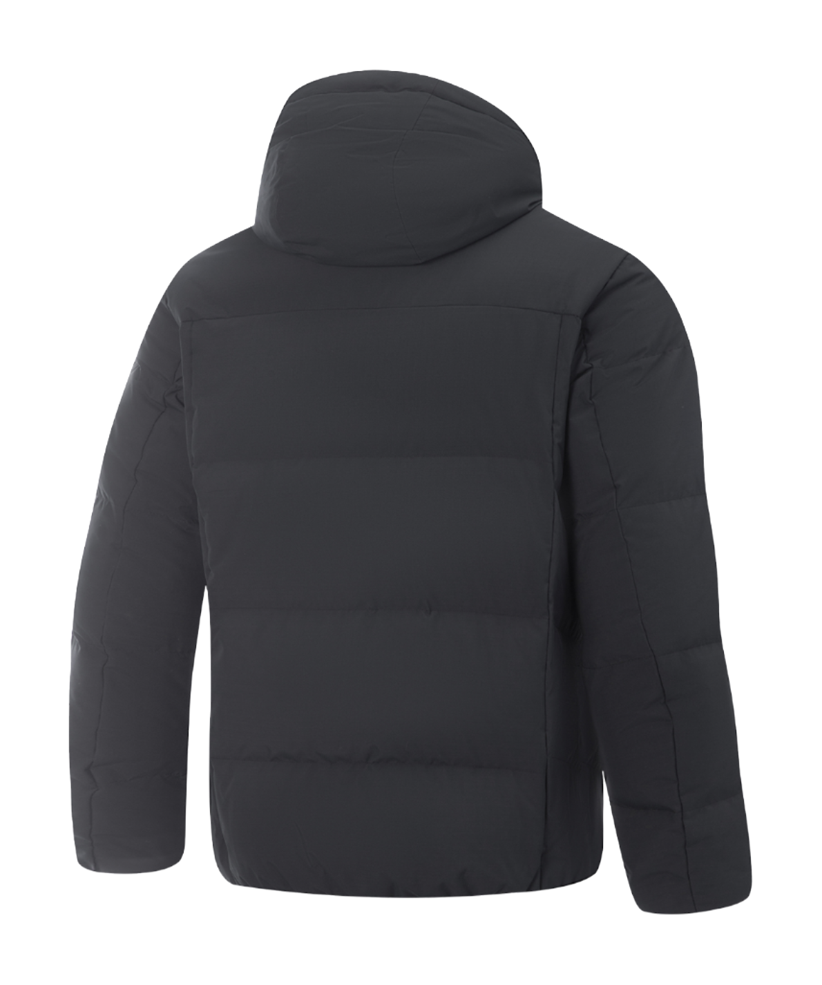 Men's black hooded down jacket back view with quilted padded panels