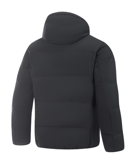 Men's black hooded down jacket back view with quilted padded panels