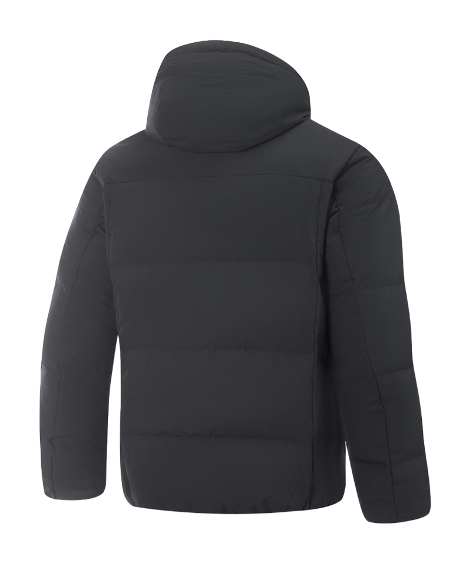 Men's black hooded down jacket back view with quilted padded panels