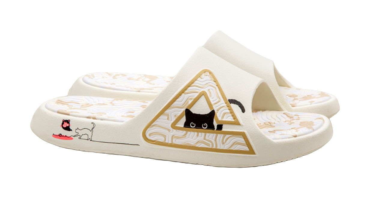 White slide sandal side view with triangular cat graphic and patterned straps
