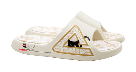 White slide sandal side view with triangular cat graphic and patterned straps