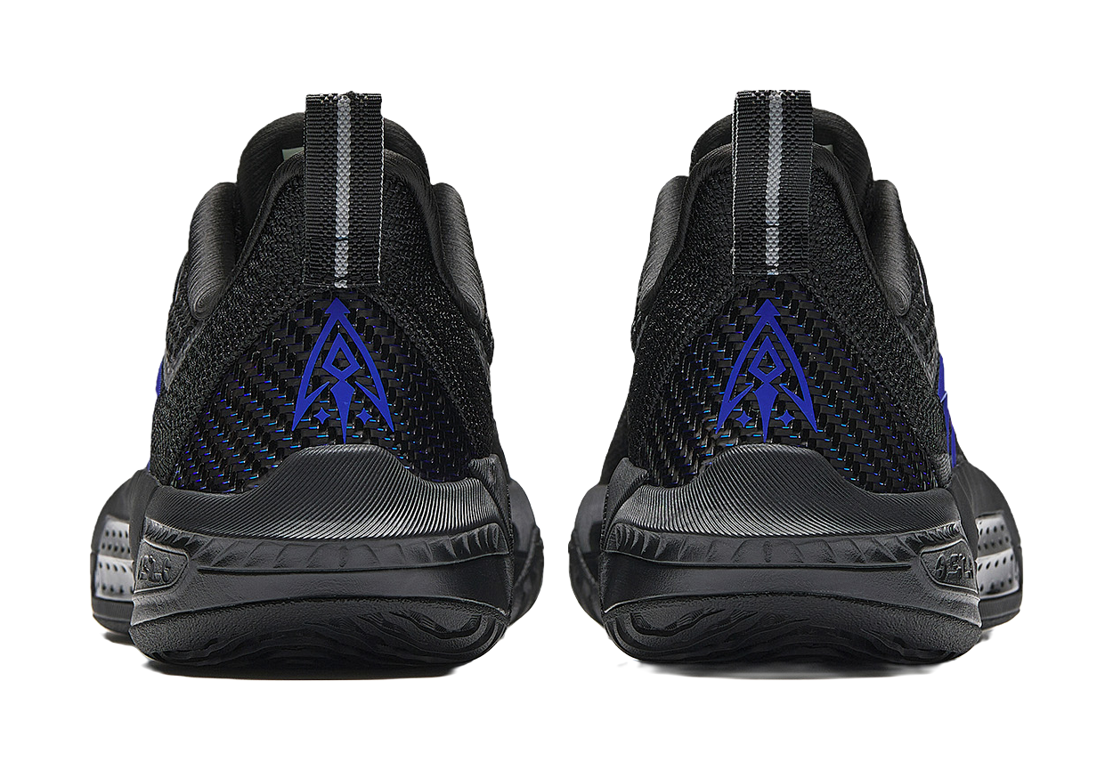 Black basketball shoes from back view with blue logo detail and reflective heel stripes