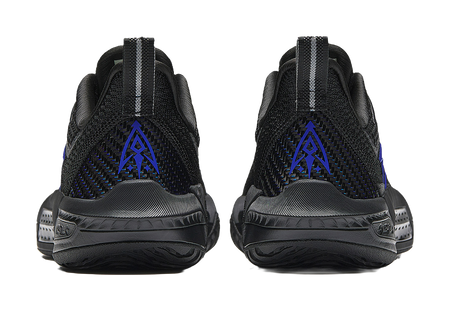 Black basketball shoes from back view with blue logo detail and reflective heel stripes