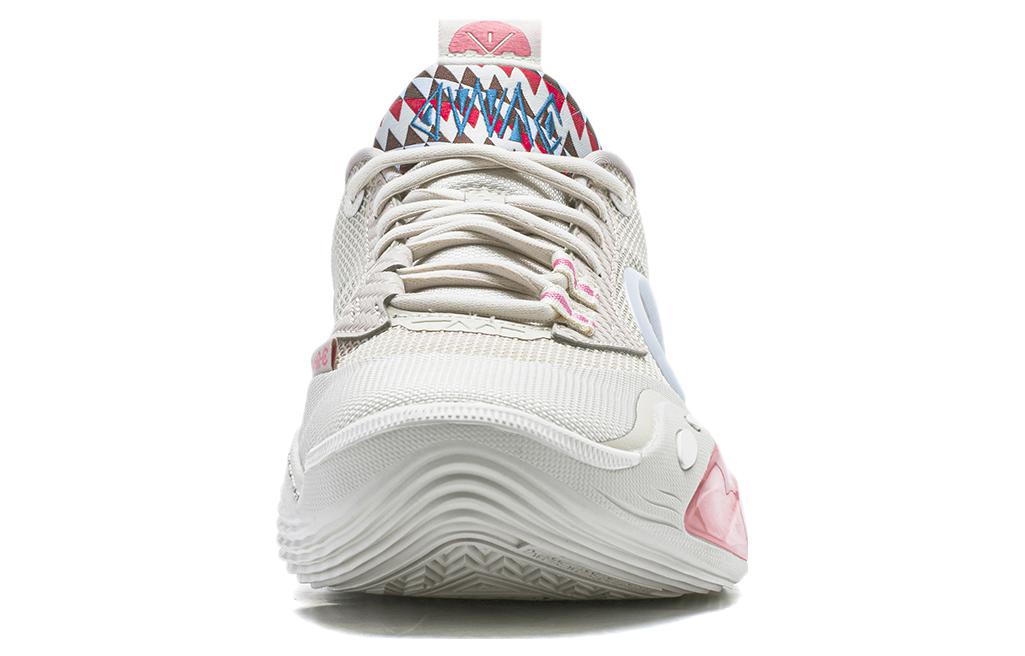 Beige basketball shoes with lace-up back, geometric heel detail, and thick white midsole.