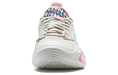 Beige basketball shoes with lace-up back, geometric heel detail, and thick white midsole.