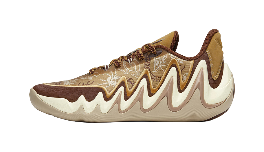 Men's low-top basketball shoes, tan/brown patterned upper, white zigzag midsole