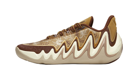 Men's low-top basketball shoes, tan/brown patterned upper, white zigzag midsole
