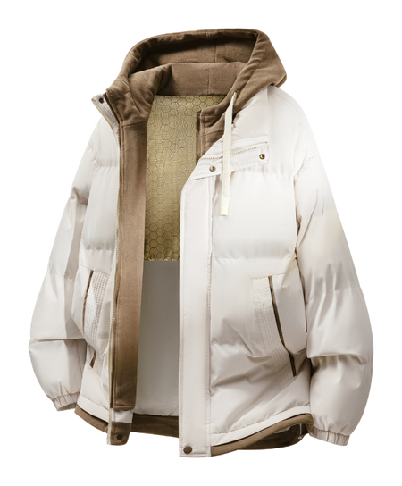 Warrior retro American solid color fake two-piece splicing contrasting loose and versatile hooded pilot with thick cotton lining, graphene heat storage insulation, warm work clothes, cotton jacket jacket, unisex  VJSNEAKER