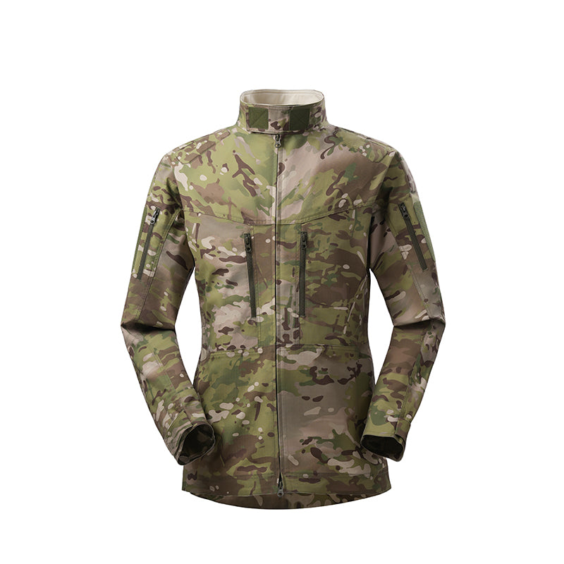 Jungle camo tactical jacket with high collar and zip front, utility pockets