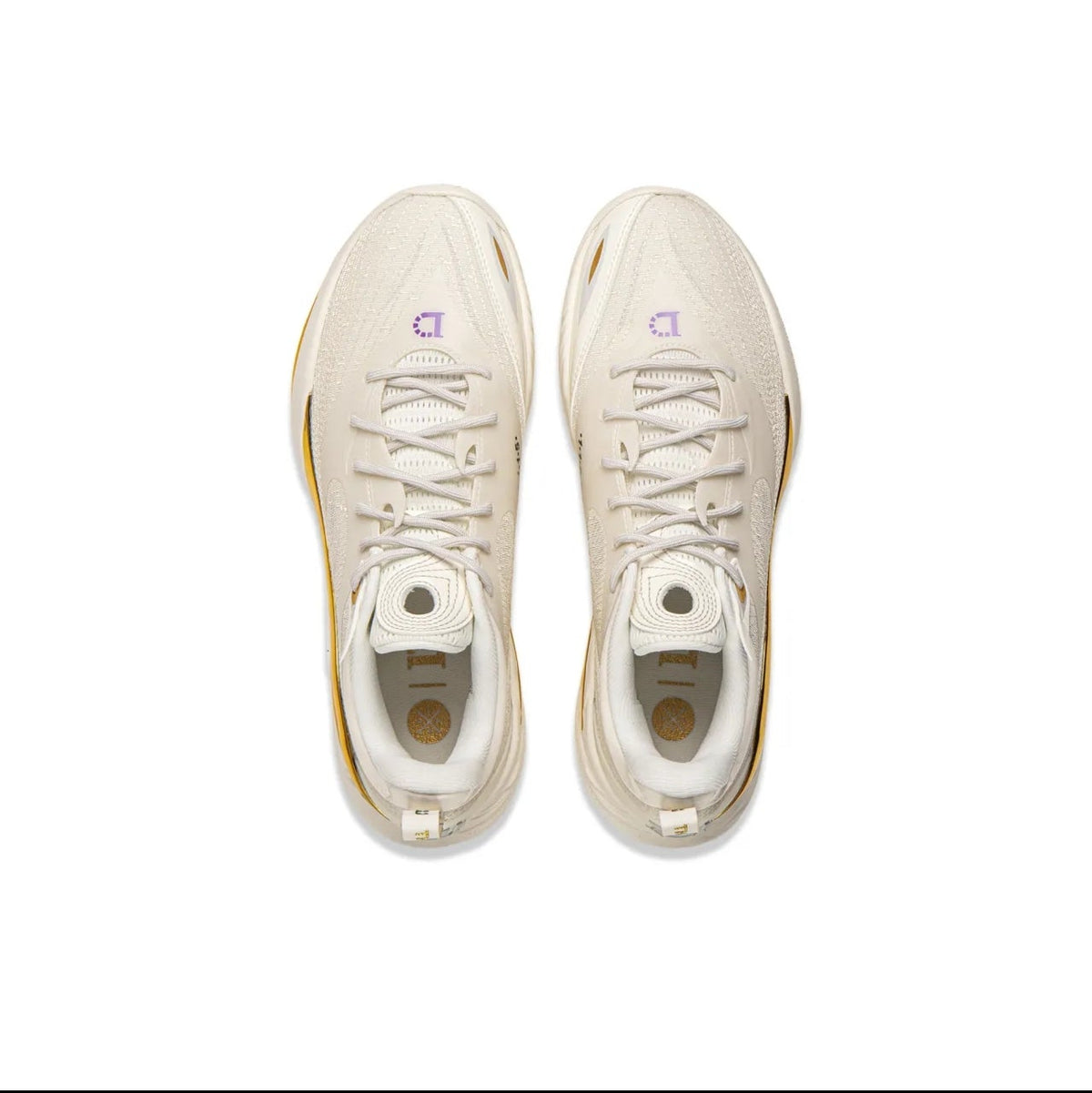 A pair of off-white athletic sneakers shown from a top-down view on a white background, with black bars at the top and bottom containing mobile app interface elements.