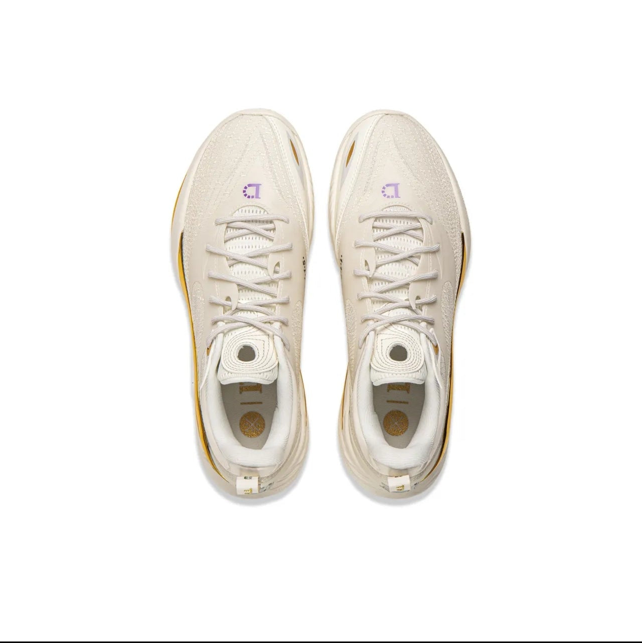 A pair of off-white athletic sneakers shown from a top-down view on a white background, with black bars at the top and bottom containing mobile app interface elements.