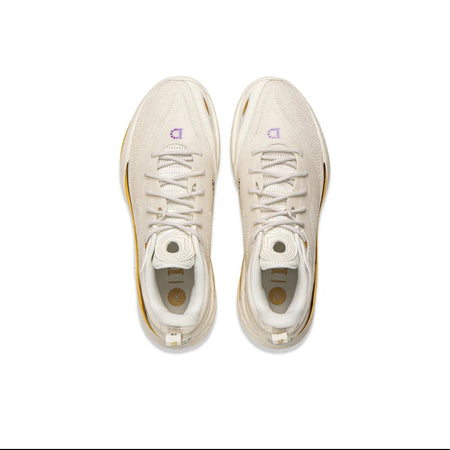 A pair of off-white athletic sneakers shown from a top-down view on a white background, with black bars at the top and bottom containing mobile app interface elements.