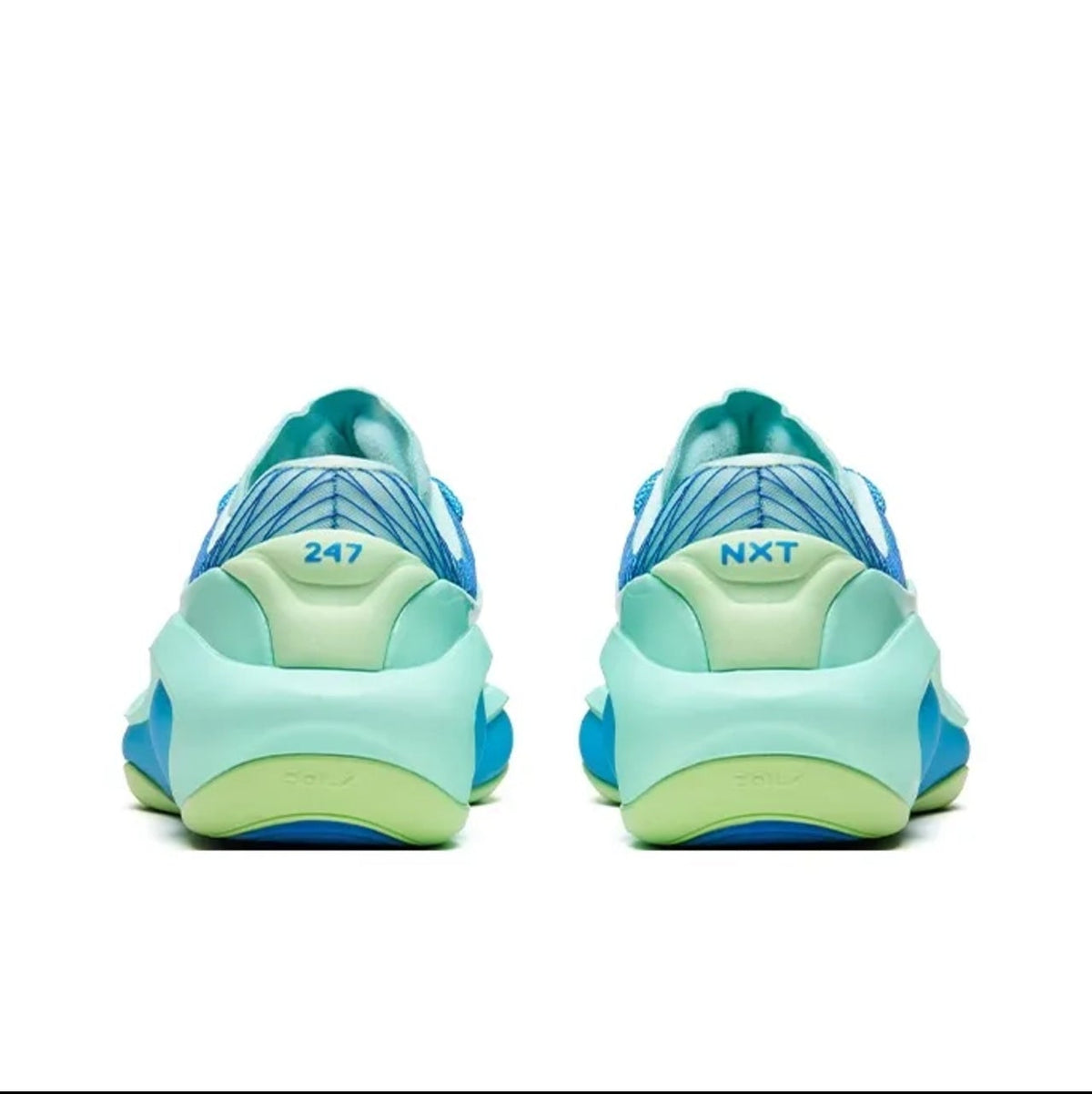 A pair of chunky platform sneakers shown from the back, featuring a light blue and mint green design with a bright yellow-green outsole accent, displayed on a white background within a mobile app screenshot.